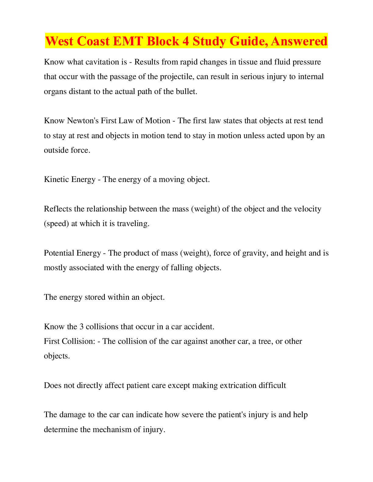 Preview image for West Coast EMT Block 4 Study Guide, Answered